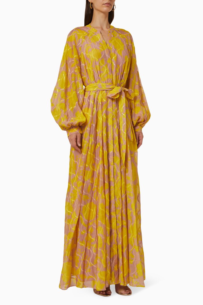 

Solaris Maxi Kaftan in Embroidered Chanderi, Yellow