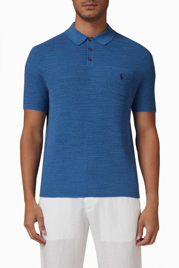 Short Sleeve Polo Shirt in Cotton Blend, Blue