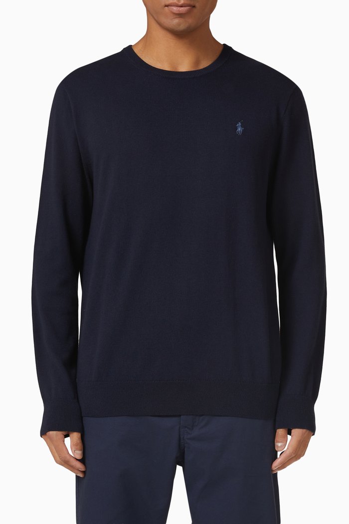 

Long Sleeve Pullover in Knit Cotton, Blue