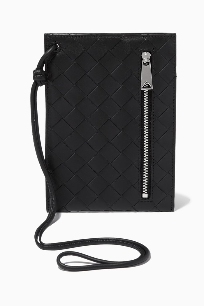 

Phone Pouch in Intrecciato Leather, Black