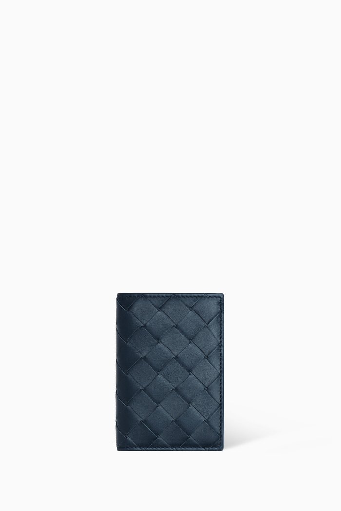 

Bi-fold Card Case in Intrecciato Calfskin, Blue