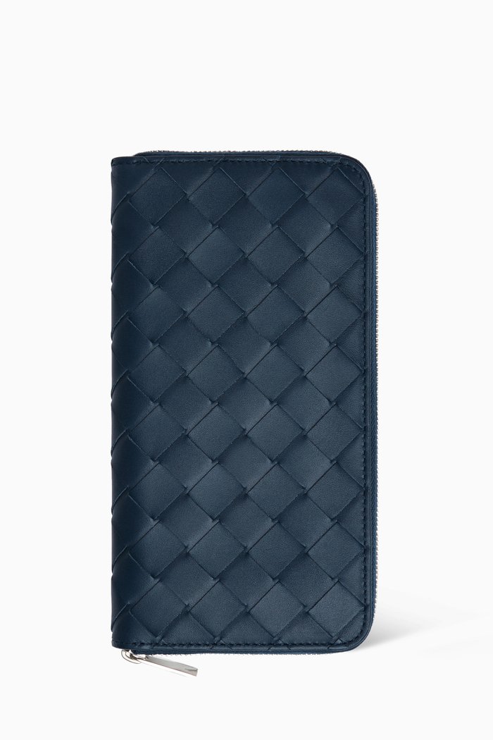 

Zip-around Wallet in Intrecciato Calfskin, Blue
