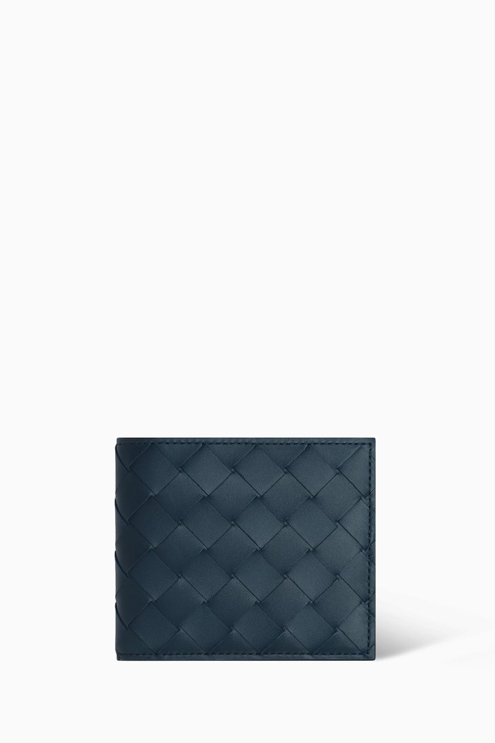 

Bi-fold Wallet in Intrecciato Leather, Blue