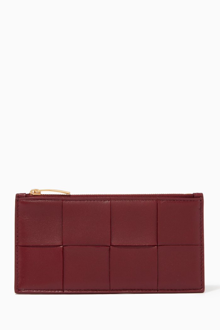 

Zipped Card Case in Intreccio Leather, Burgundy
