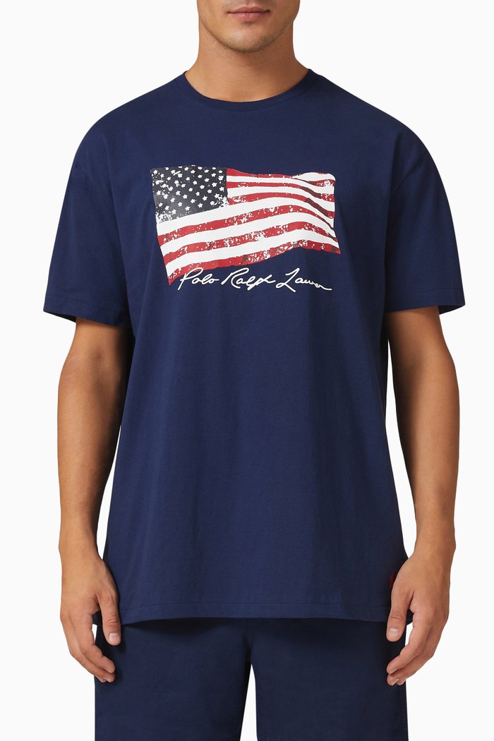 

Graphic Flag Print T-shirt in Cotton, Blue