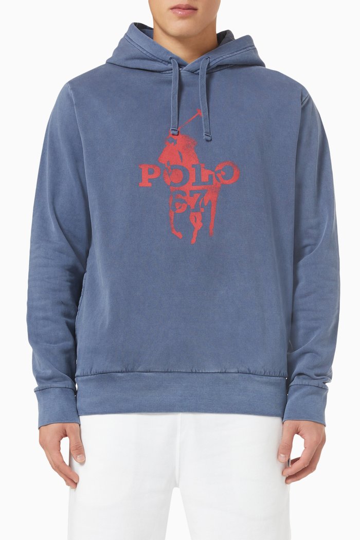 

Pony Print Hoodie in Cotton Blend, Blue