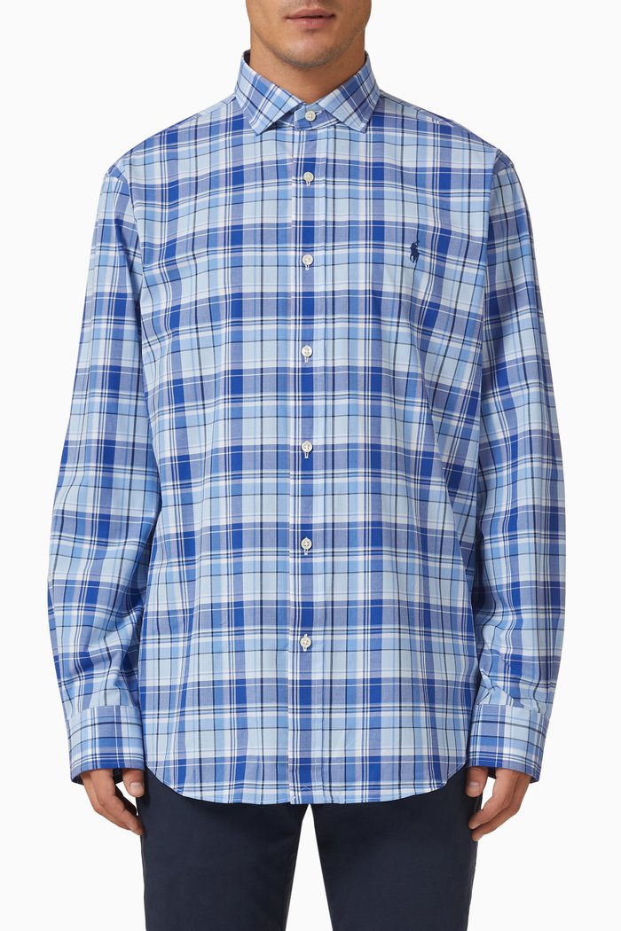 

Plaid Sport Shirt in Cotton Poplin, Blue