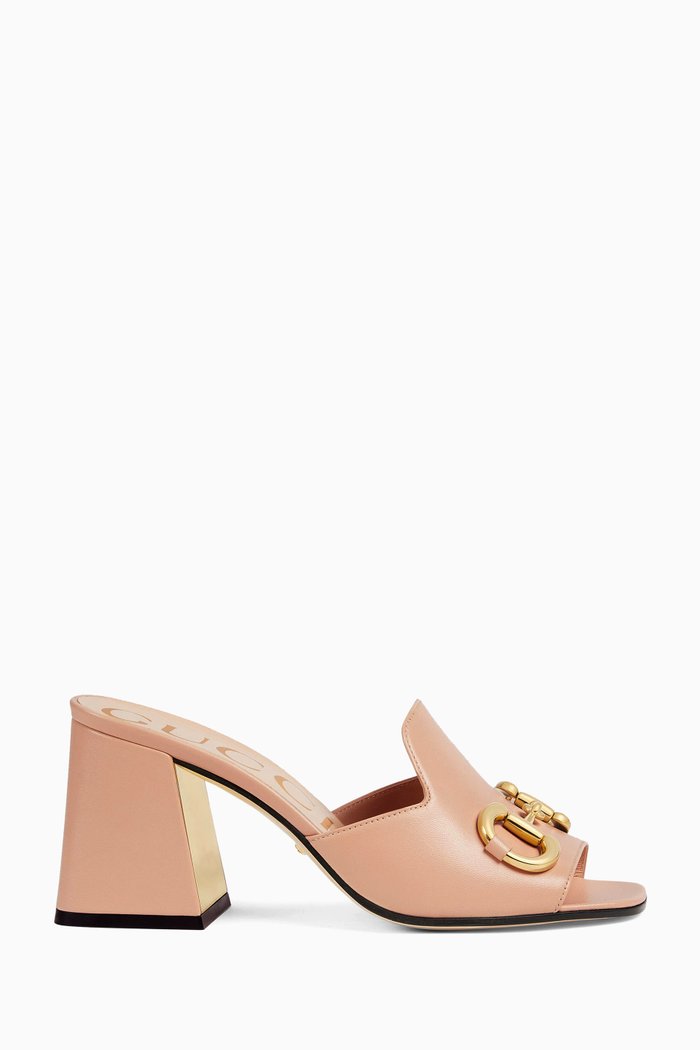 

Horsebit Open-toe Mules in Leather, Pink