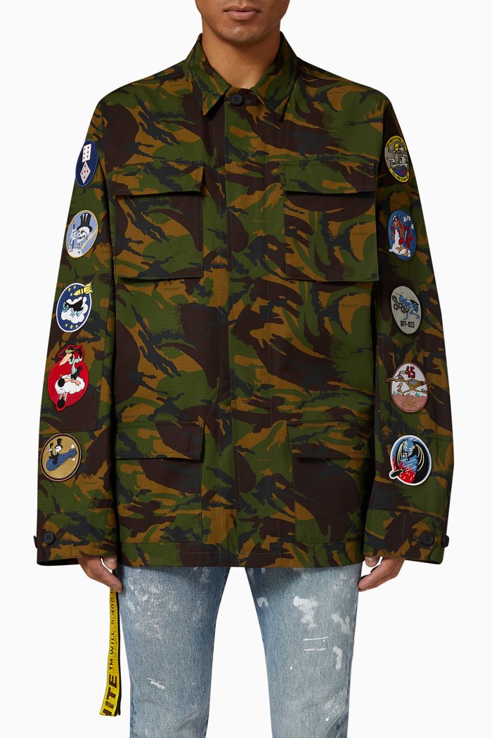 Camo Patched Field Jacket in Cotton, Green