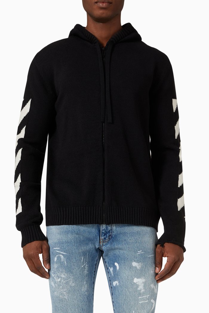 

Diagonal Arrows Zip Hoodie in Cotton Blend Knit, Black