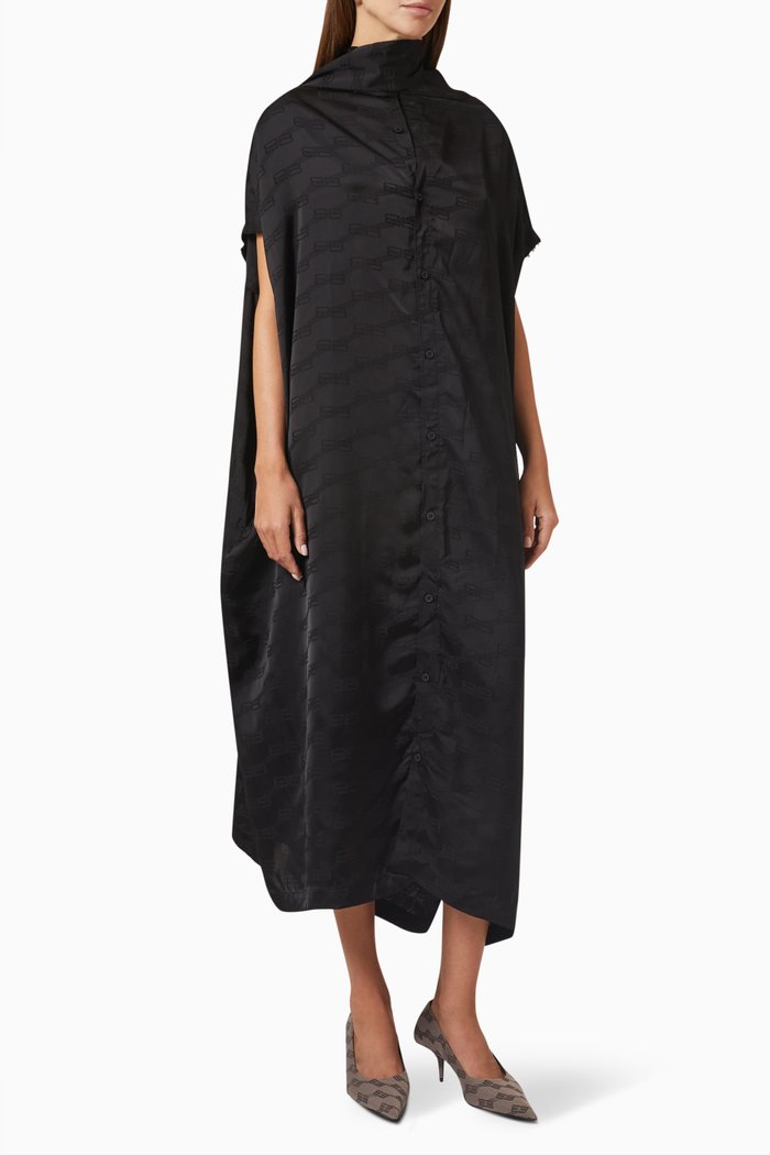 

All-over BB Logo Knotted Rawcut Dress in Silk, Black