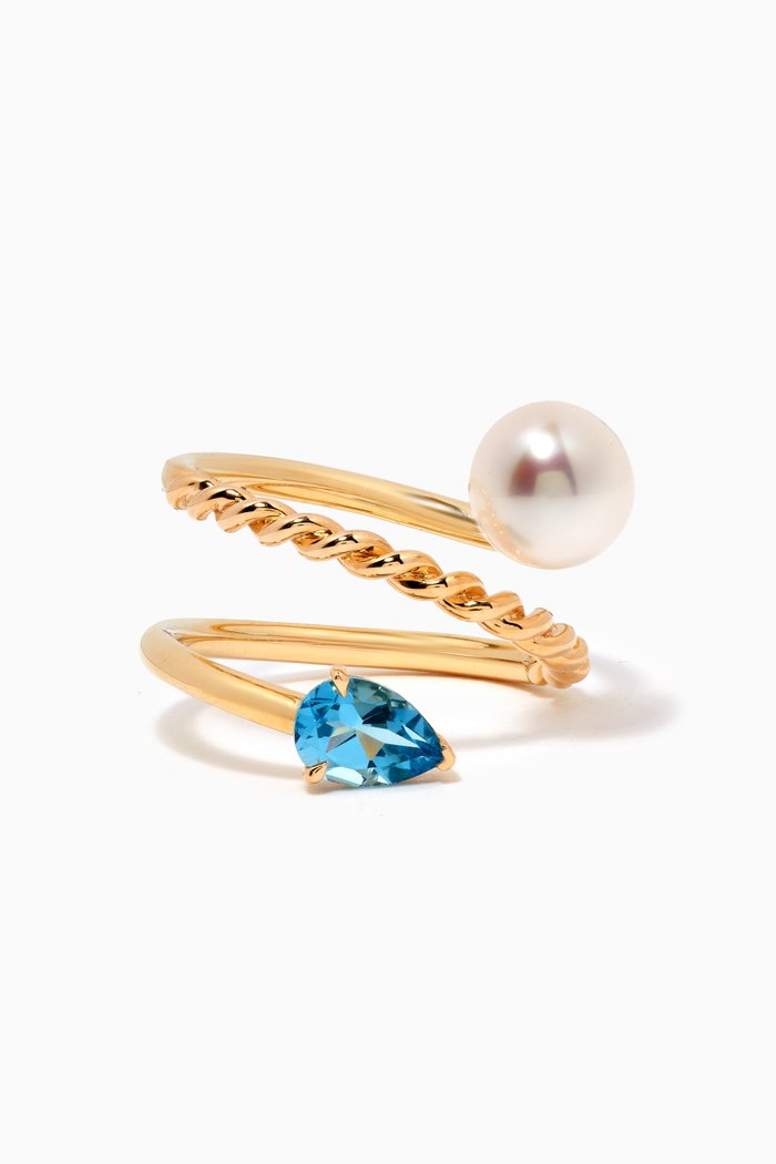 

Kiku Freshwater Pearl & Blue Topaz Ring in 18k Yellow Gold
