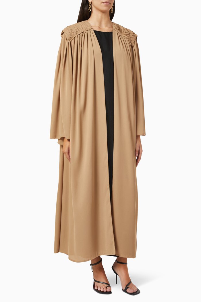 

Pleated Shoulder Pads Abaya in Crepe, Neutral