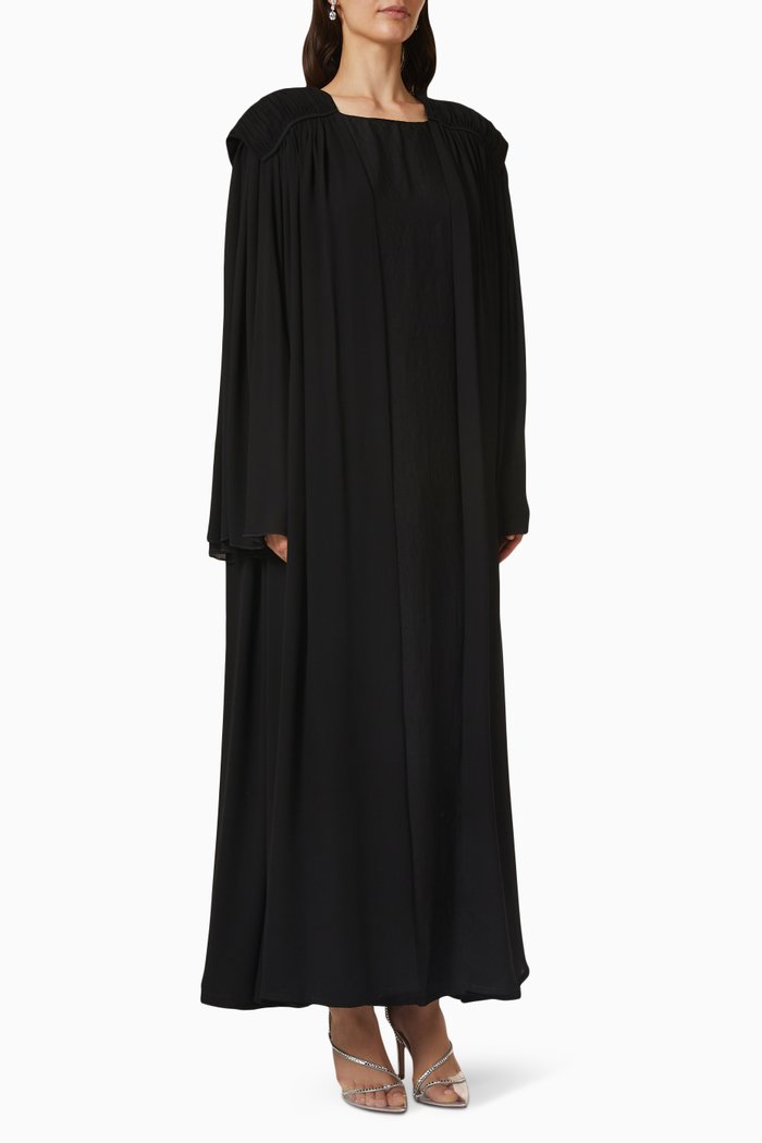 

Pleated Shoulder Pads Abaya in Crepe, Black