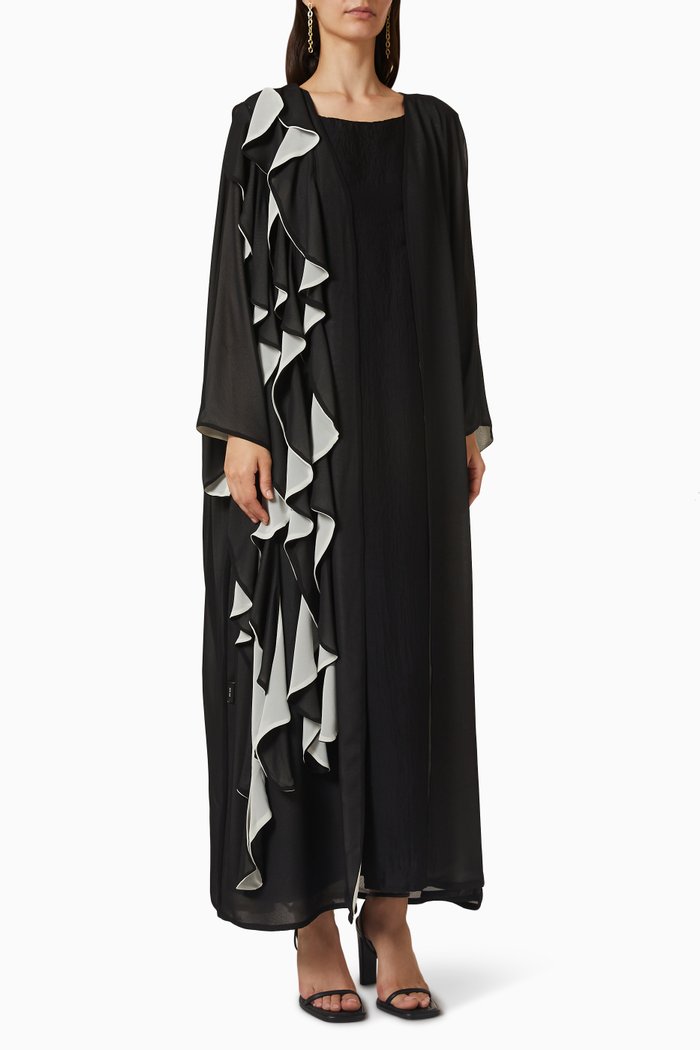 Ruffled Two-tone Abaya in Crepe, Black