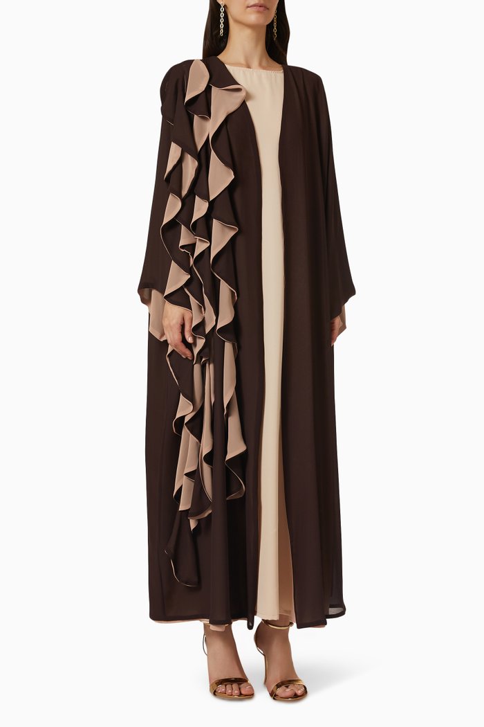 

Ruffled Two-tone Abaya in Crepe, Brown