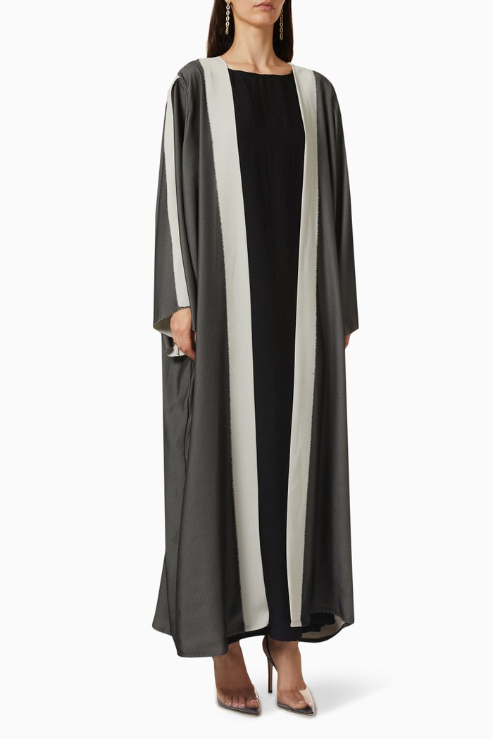 

Frayed Two-tone Abaya in Crepe, Black