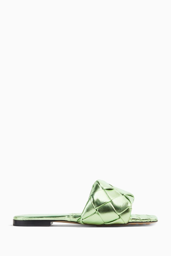 

Lido Flat Sandals in Metallic Intrecciato Nappa, Green