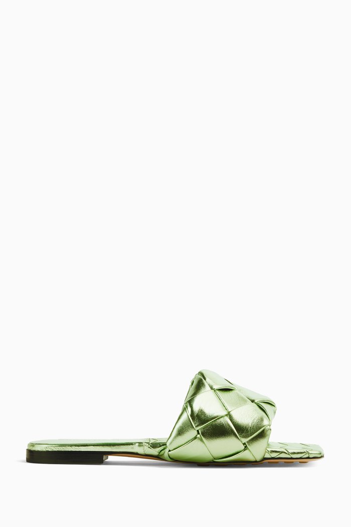

Lido Flat Sandals in Metallic Intrecciato Nappa, Green