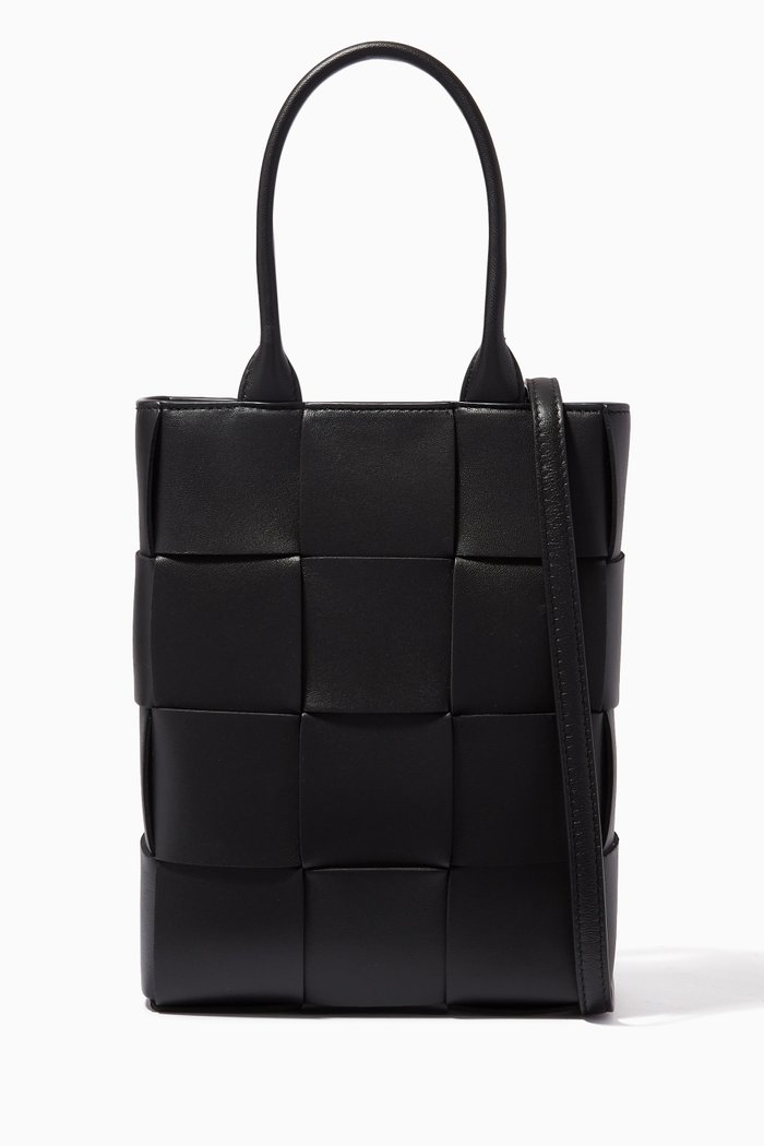 

Mini Cassette Tote Bag in Intreccio Leather, Black