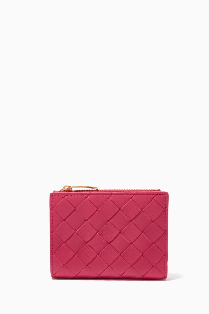 

Bi-fold Zipper Wallet in Intrecciato Leather, Pink
