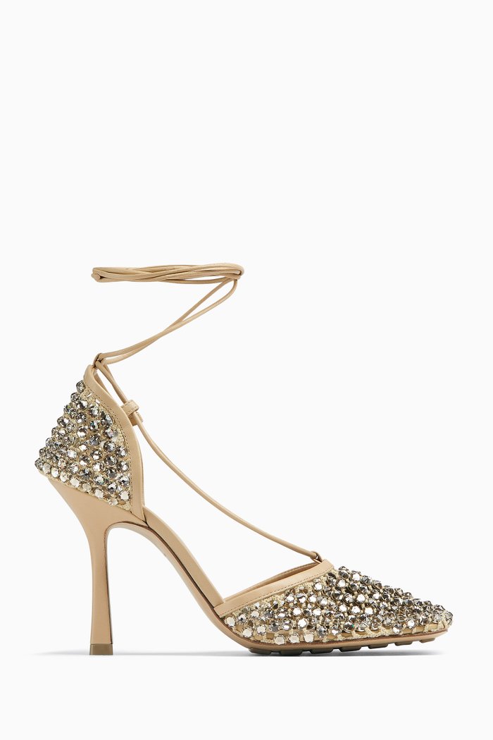 

Sparkle Stretch Sandals in Leather & Mesh, Neutral