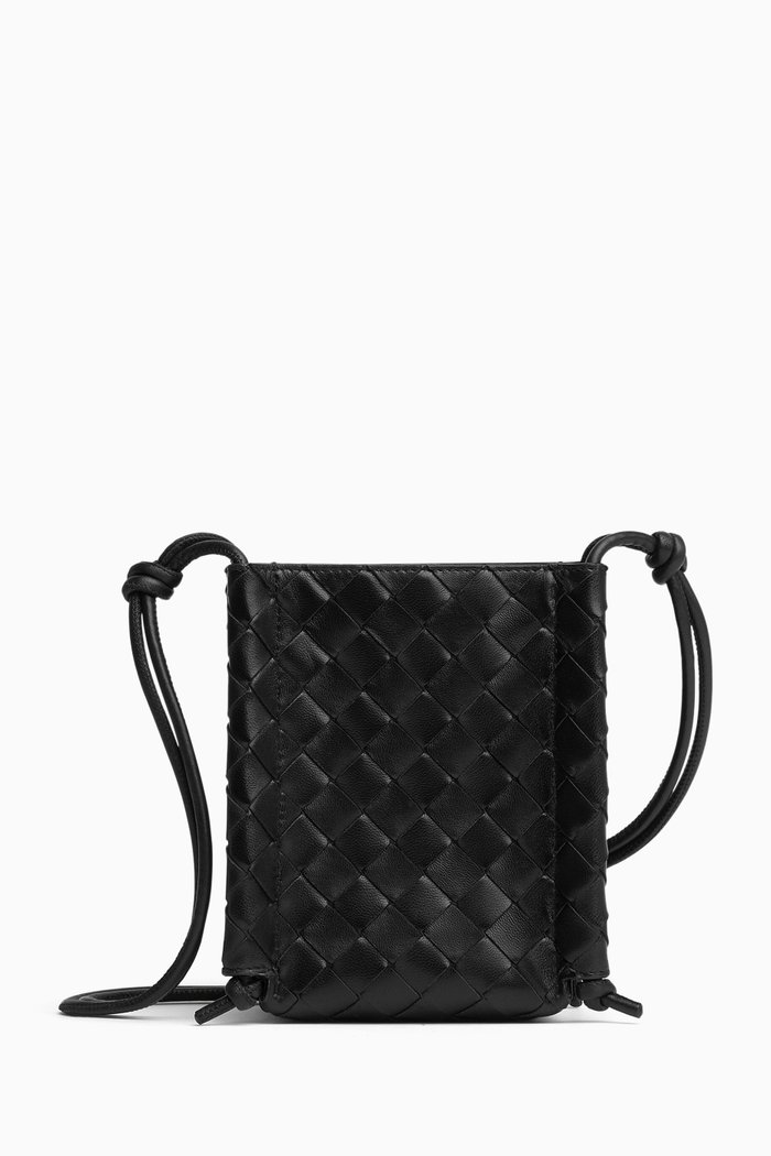 Small Pouch on Strap in Intrecciato Leather, Black