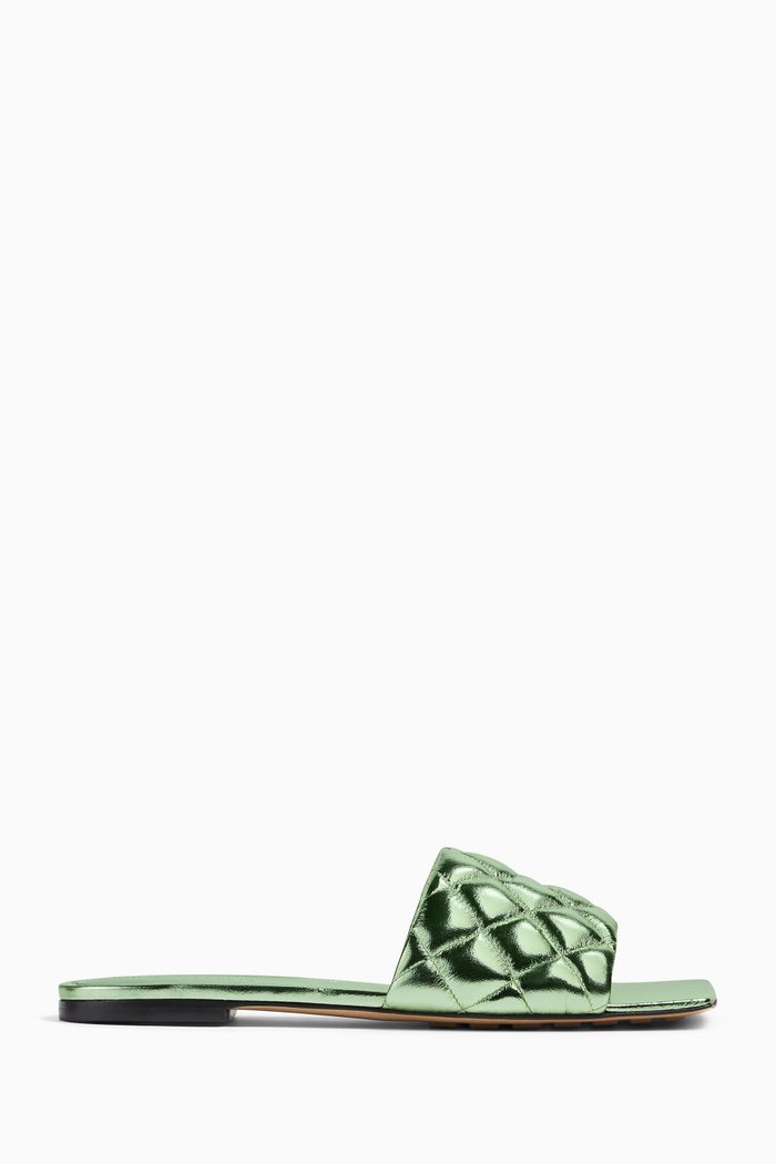 

Padded Flat Sandals in Quilted Metallised Leather, Green