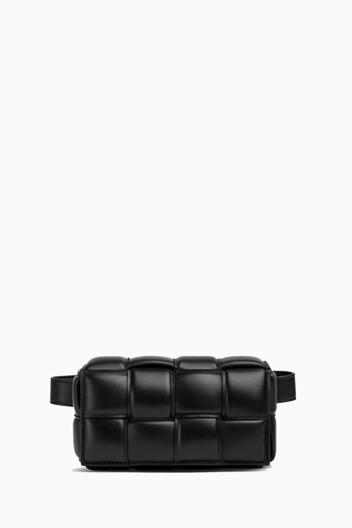 

Padded Cassette Belt Bag in Intreccio Leather, Black