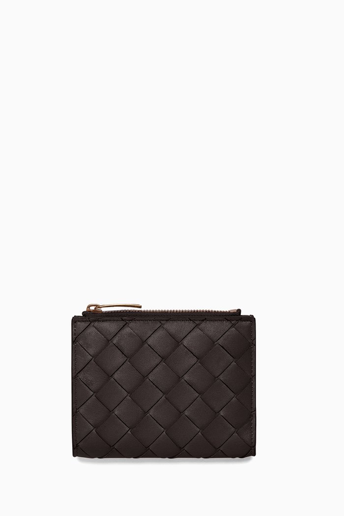

Bi-fold Zip Wallet in Intrecciato Leather, Purple