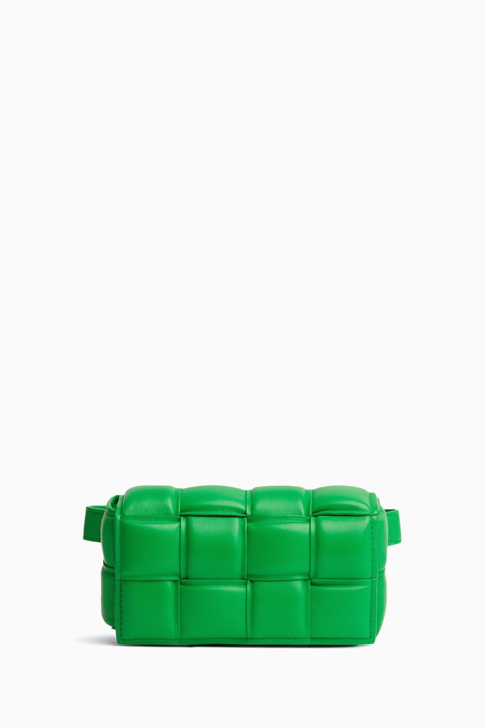 

Padded Cassette Belt Bag in Intreccio Leather, Green