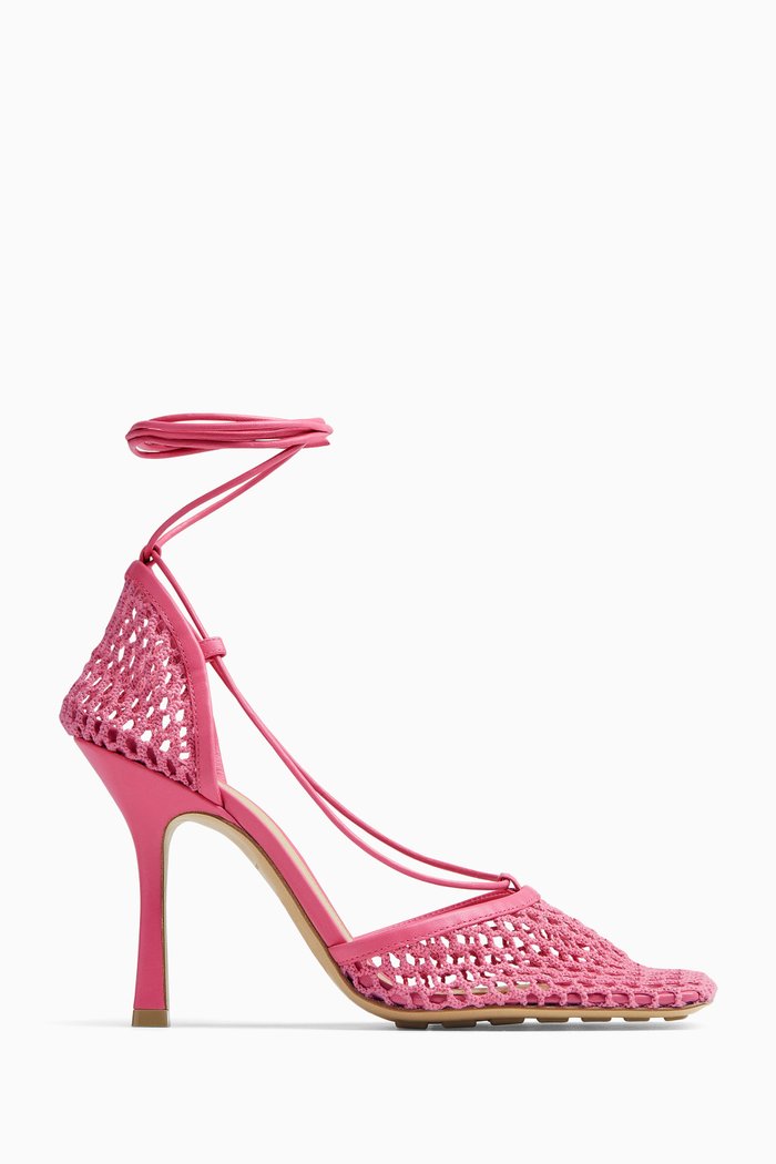 

Stretch Lace-Up Sandals in Leather & Mesh, Pink