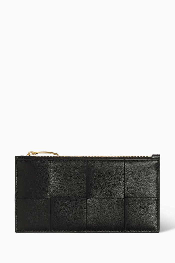

Zipped Card Case in Intreccio Leather, Black