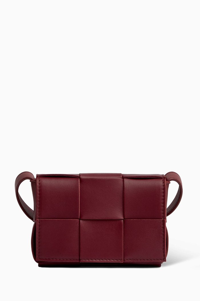 

Mini Cassette Crossbody Bag in Intreccio Leather, Burgundy