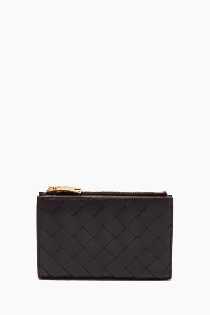 

Long Bi-fold Zip Wallet in Intrecciato Leather, Purple