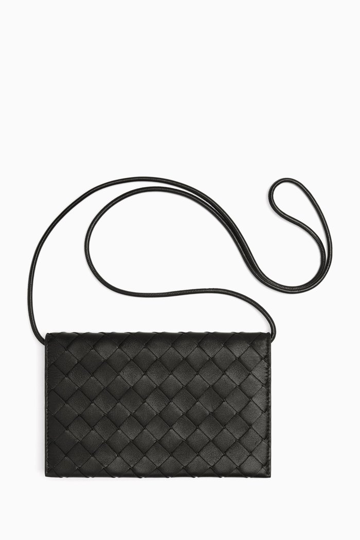 

Wallet-on Strap Bag in Intrecciato Leather, Black