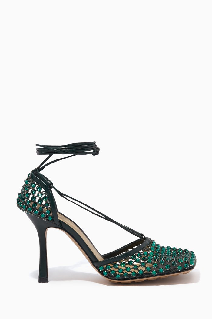 

Sparkle Stretch Sandals in Leather & Mesh, Green