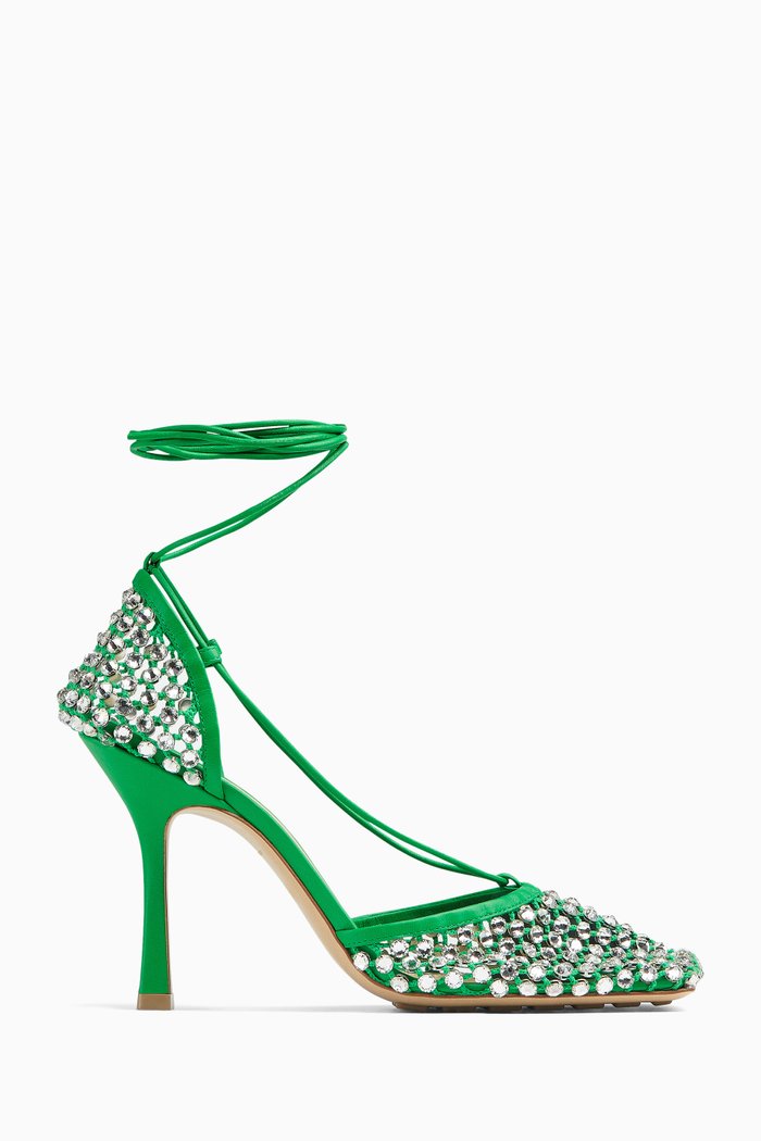 

Sparkle Stretch Embellished Sandals in Leather & Mesh, Green