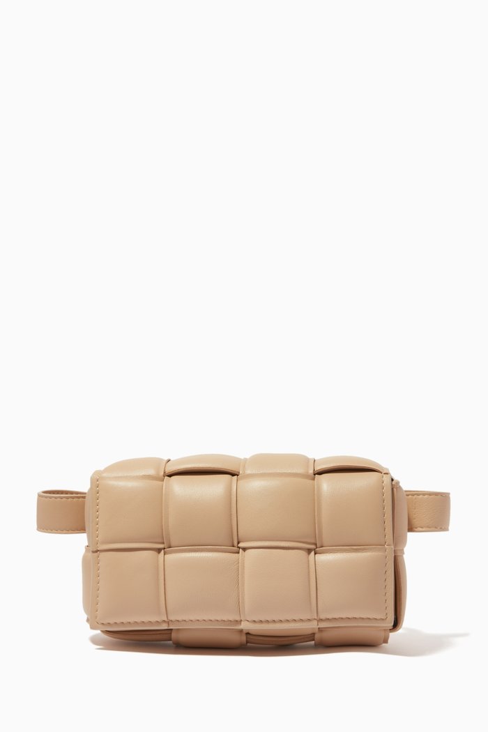 

Padded Cassette Belt Bag in Intreccio Leather, Neutral