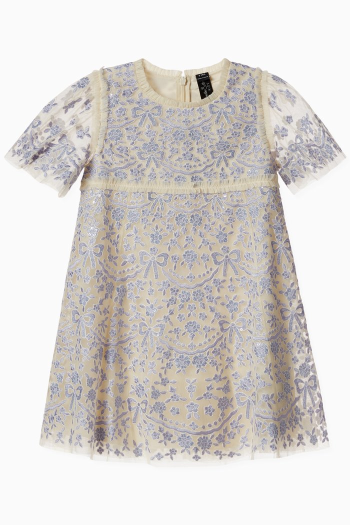 Ribbon Lace Dress in Tulle, Blue