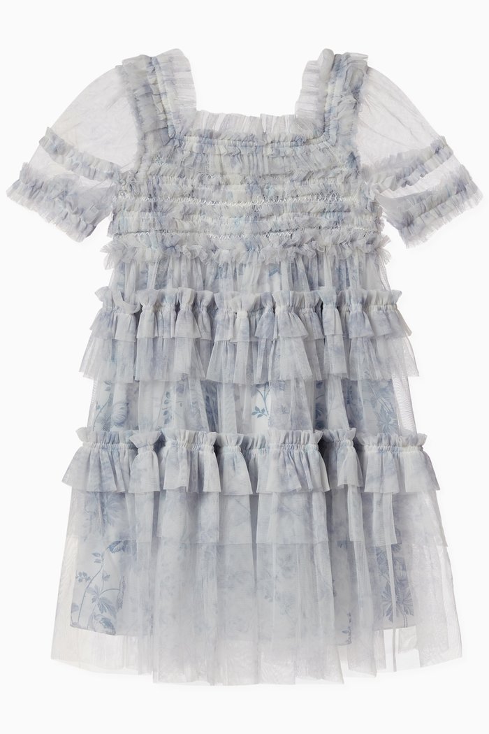 

Rambling Roses & Peaches Smocked Dress in Tulle, Blue