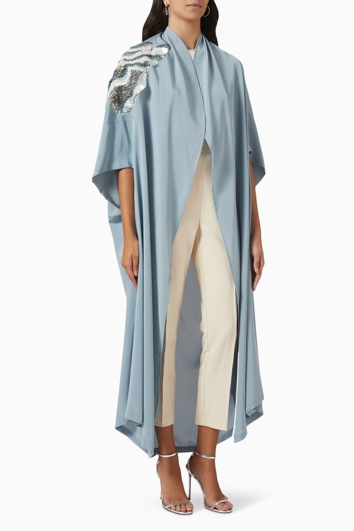 

Raffia Embroidered Poncho Abaya in Crepe, Blue