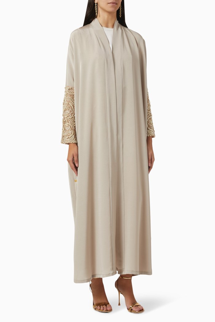 

Embroidered Sleeve Abaya in Crepe, Neutral