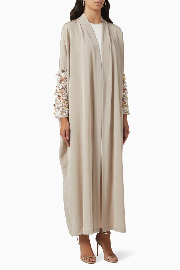 

Embroidered Sleeve Abaya in Crepe, Neutral