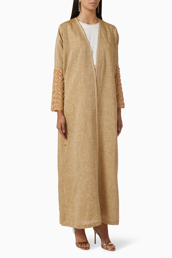 

Chevron Cord Embroidered Abaya in Linen, Gold