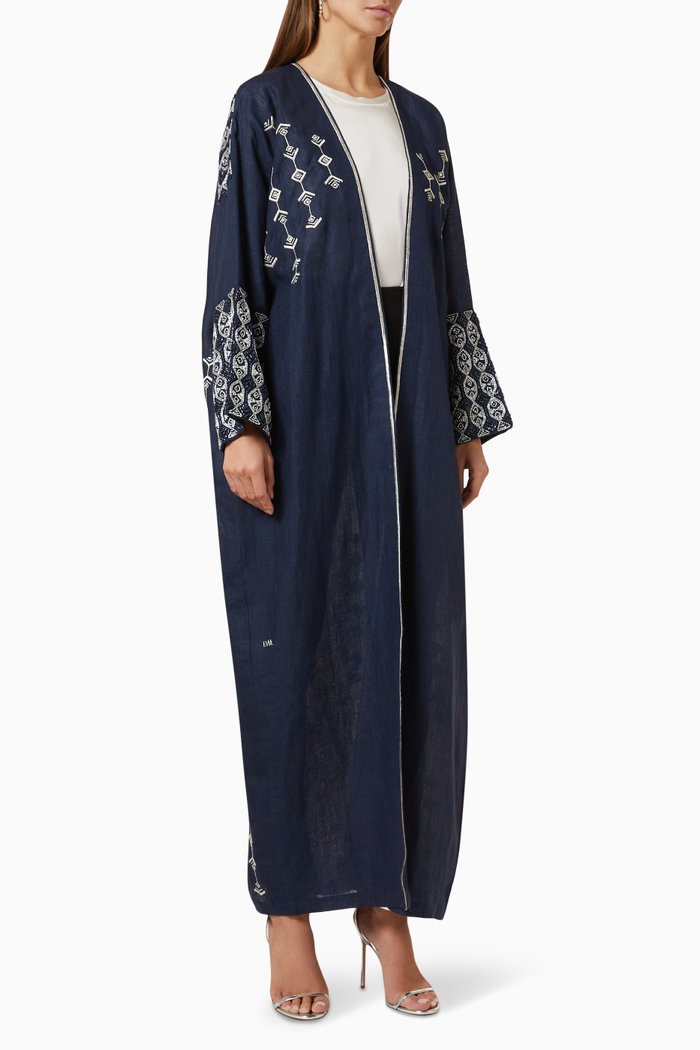 

Tribal Hand Embroidered Abaya in Linen, Blue