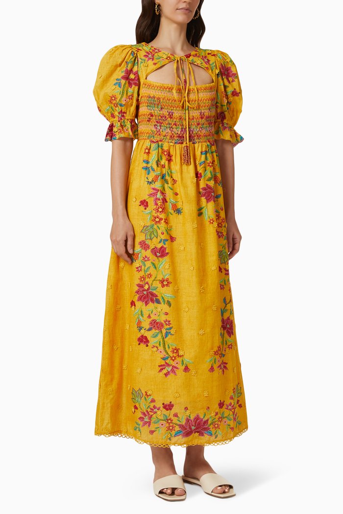 

3D Flowers Dress in Viscose, Yellow