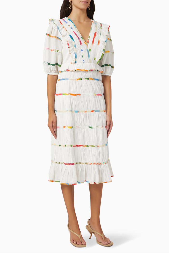 

Mixed Prints Tiered Dress in Organic Cotton, White