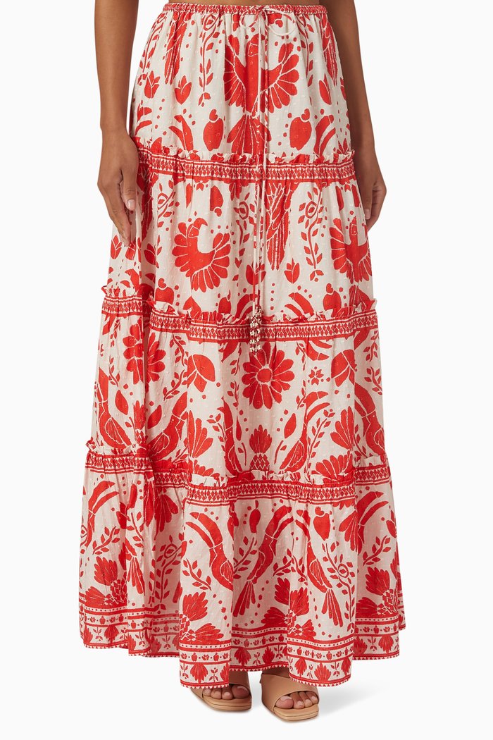 

Jungle Flow Tiered Maxi Skirt in Cotton, Red