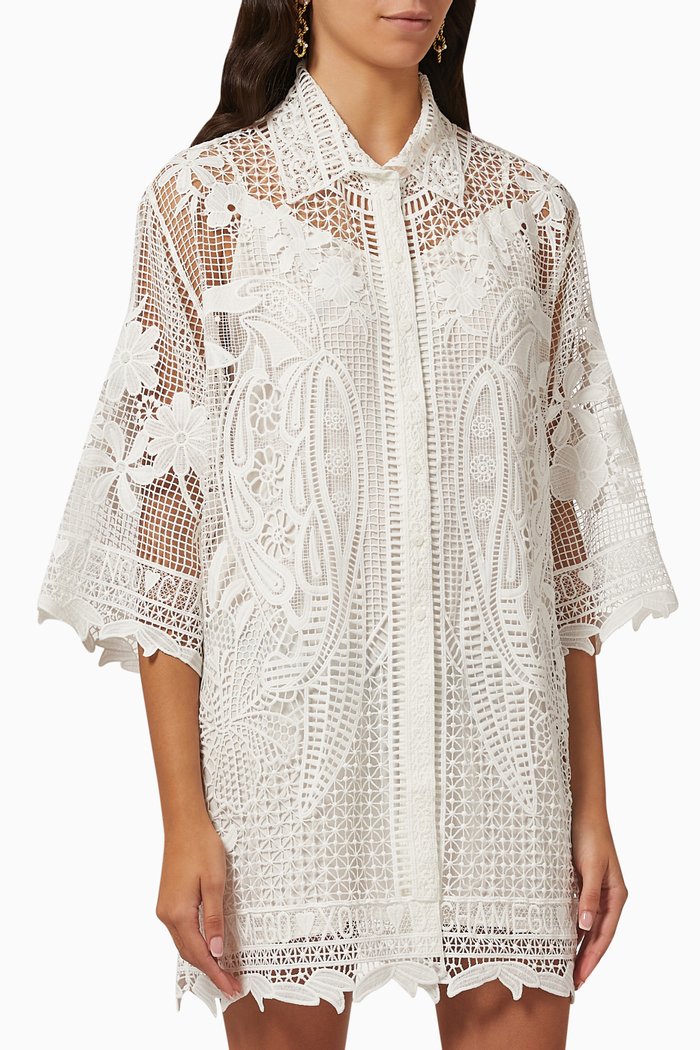 

Tropical Wind Mini Shirt Dress in Guipure Lace, Neutral